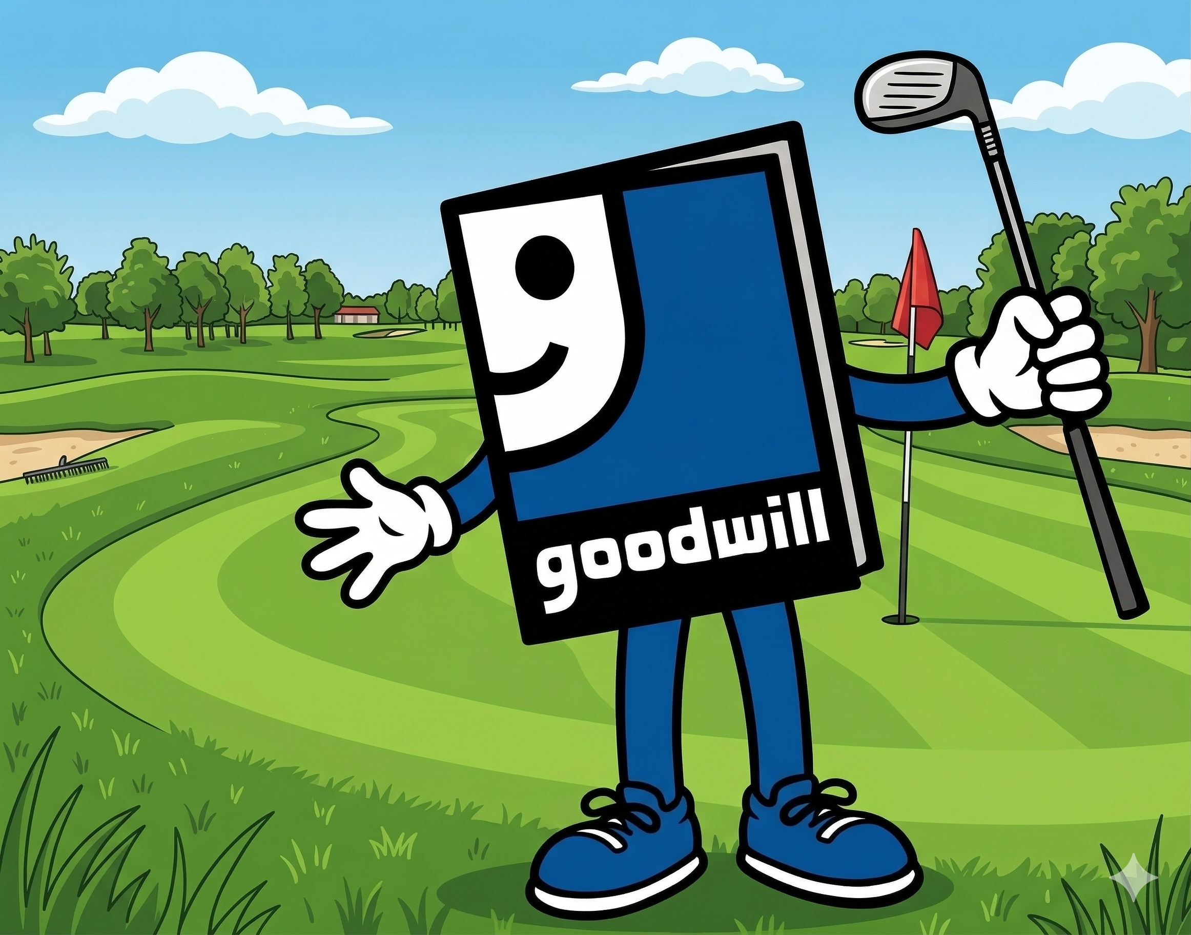 Goodwill mascot holding a golf club